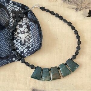$49 SALE Handmade Dark Green Marbled Jasper Necklace 15.5” Modern Chunky NWT